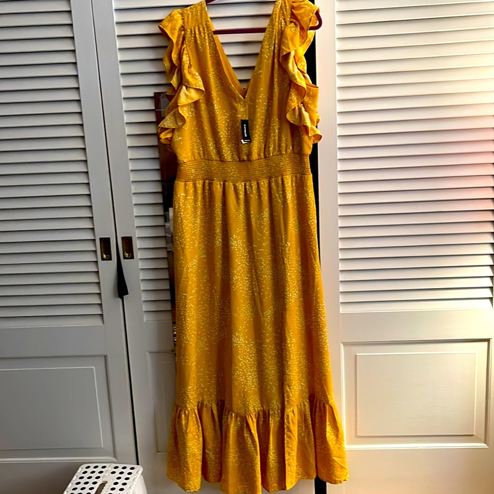 Express summer yellow and white polka dot maxi